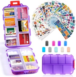 14 Grids Travel Pill Organizer Box met 415-Pcs Medicine Naam Labels, Pocket Daily Pharmacy Case Container, Reizen Medication Holder Dispenser Kit voor Visolie Vitamine Supplement Opslag - Helder paars