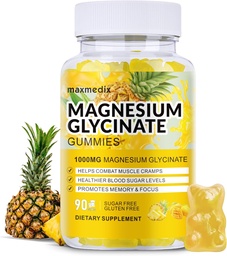 Magnesium Glycinate Gummies 1000mg, Suikervrij Magnesium Kaliumsupplementen Kauwbaar voor volwassenen met L-Threonaat voor slaap, Body Support en ontspanning,90 Mango Ananas Gummies