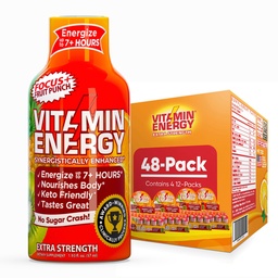 Vitamine Energie Focus+ Extra sterkte Energie Shot Fruit Punch 48 Pack, 260mg Natural Cafeïne, B-Vitamins, CoQ10, Aminozuren, Focus, Productiviteit & Duidelijkheid, Zero Sugar, Gluten-Free, 1,93 fl oz