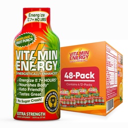 Vitamine Energie Immune+ Extra sterkte Energie Shot Fruit Punch 48 Pack, 260mg Natuurlijke Cafeïne, B-Vitaminen, Citicoline, Groene Thee, Immuniteit & Focus Ondersteuning, Zero Sugar, Glutenvrije 1,93 fl oz