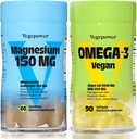Vegan Omega-3 + Magnesium Gummies Algae Omega-3 800mg DHA Supplementen voor Hersenen, Hart Ogen Gezondheid- 90 Tellen 150mg Magnesium Citraat Gummies voor Volwassenen en Kinderen Kalm slapen, Ontspannen