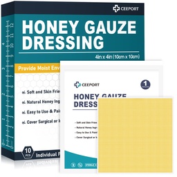 Honey Gauze Wound Dressing, 4" x 4" Manuka Honey Wound Care, Medical Grade Honing Bandages for Wound Care, Honey Patch for Faster Healing from Burns, Abrasions, Cuts and Scalds (Pack of 10)