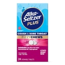 Alka-seltzer Plus Hoest & Sore Throat Fizzy Chews, Geen water nodig, On The Go Sore Throat Relief voor volwassenen, Raspberry Flavor, 24 Tellen