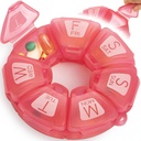 Ronde Wekelijkse Pillen Organisator, TPU Gegummeerde, Reizen Pillen Container 7 Dag, met 7 Grote Compartementen, Geweldig voor Dagelijkse Vitaminen & Supplementen, Leuke Pillen Case met Grote Letters en Braille (Rose)