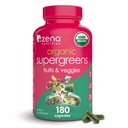 Zena Nutrition Organic Super Greens Fruit & Veggies Supplement, 70+ Superfoods from Fruit & Fruit & Fruit, 3g Fiber, Spirulina, Chlorella, Prebiotica & Probiotica, Digestieve Enzymen, 180 Capsules