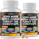 Vitamax Lions Mane Mushroom, Turkije Tail, Chaga & Reishi, Cordyceps Shiitake White Elm King Trompet Nameko Oyster Porcini Focus & Energy - Made in USA