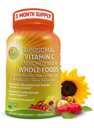 Liposomale vitamine C capsules - 1500mg - Gemaakt met biologische Acerola Kersen & Camu Camu, Hoge Potentie Vitamine C Liposomale - Immuun Ondersteuning Supplement, Verbeterde Absorptie & Biobeschikbaarheid - 180 Tel.