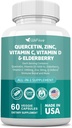 60 Count Quercetin 50 mg Zinc 1000 mg Vitamine C 5000 UI Vitamine D3 1000 mg Turmère 1000 mg Elderberry with Q-Defend Immune Blend Reisshi Nettle Arteemisinin, Non-OGM, Soutiens gratuits Santé