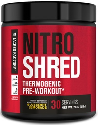 Jacked Factory NITROSURGE Shred Pre Workout Supplement - Energy Booster, Instant Strength Gains, Sharp Focus, krachtige pompen - Nitric Oxide Booster & PreWorkout Powder - 30Sv, Blueberry Lemonade