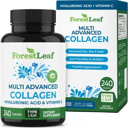 ForestLeaf Multi Collageen Pillen - Collageen Mannen & Collageen Vrouwen - Gehydrolyseerde collageen Supplementen met vitamine C & Hyaluronzuur - Collageen Capsules voor haar, huid en nagels (240 Peptide Capsules)
