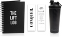 Bouteille de shaker de protéines en acier inoxydable, bouteille d'eau isolée avec fibre de carbone noir Wrap & Workout Journal avec signet – Journal de fitness quotidien sans date de 6 mois