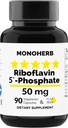 MONOHERB Riboflavine 5'-Fosphaat 50 mg - 90 Vegetarische Capsules - Bioactive Vitamin B2 - Made in USA