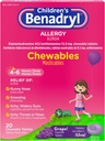 Benadryl Kinderallergie Geneeskunde Kauwtabletten met difenhydramine HCl, Kauwbare antihistaminica tabletten voor verlichting van allergiesymptomen zoals niezen & jeukende ogen, druivensmaak, 20 ct