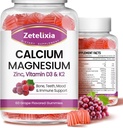 Calcium Gummies, Calcium Magnesium Zink met Vitamine D3 & K2, Calcium Magnesium Supplement voor B0nes Spieren, Druivensmaak - 120 Tel.
