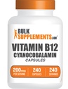 BulkSupplements.com Vitamin B12 Capsules - as Cyanocobalamin, Vitamin B Supplement, Vitamin B12 200 mcg - Energy Vitamins, Gluten Free, 1 Capsule per Serving, 240 Capsules (Pack of 1)