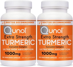 Qunol Kurkuma Curcumin Capsules, 1000mg Extra Sterkte Supplement, Gepatenteerde Hydro-Oplosbare Technologie, Alternatief voor Kurkuma Curcumin met Black Pepper, 240 Veggie Capsules