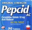 Pepcid AC oorspronkelijke sterkte, 10 mg Famotidine voor preventie en verlichting van brandend maagzuur, 90 ie