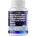 Resveratrol NAD+ Berberine Hyaluronzuur - Biotin Grape & Blueberry + NAC - Collageen Peptides - Hair, Nail, Skin & Joint Supplement - 21-in-1 Women and Men - Made in USA (60 Count (Pack of 1)