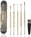 Hion 6 Stuks Extended Ear Wax Removal Kit, Professional Dubbelhoofd oor Pick Earwax Removal Tools,316L roestvrij stalen oor cleaner Curette met reiniging borstel en opbergdoos,pak voor Kid Adult(Gold)