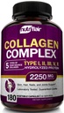 NutriFlair Multi Collageen Peptides 2250mg - Type I, II, III, V, X - Collageen Supplementen Complex Powder Pills for Women and Men - Hydrolyzed Protein, Healthy Hair, Skin, Nails - Non-GMO (180 Capsules)