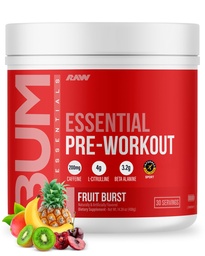 RAW Essential Pre-Workout Powder (Fruit Burst) - Chris Bumstead Sports Nutrition Supplement for Men & Women - Preworkout Energy Powder with Cafeine, L-Citrulline, L-Tyrosine, & Beta Alanine Blend