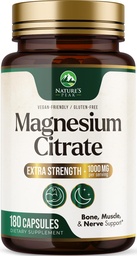 Magnesium Citrate 1000mg - Hoge Absorptie Magnesium Supplement Ondersteunt spier, bot, zenuw- en hartgezondheid - Extra sterkte Magnesio Complex Pillen - Non-GMO, Premium Energy Formula - 180 Capsules