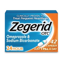 Zegerid OTC, Soulagement des brûlures d'estomac 24 heures sur 24, Médecine du reflux acide et antiacide, traite les brûlures d'estomac fréquentes, Omeprazole 20mg + Bicarbonate de sodium, Inhibiteur de pompe à protons (IPP), 42 Capsules