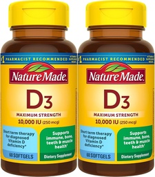 Nature Made Maximale sterkte Vitamine D3 10000 IE (250 mcg), Dieetsupplement voor bot, tanden, spier- en immuungezondheidsondersteuning, 60 Softgels, 60 dagen levering - Verpakking van 2
