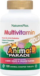 NaturesPlus Dierenparade Gouden Kinder Multivitamine - Assorted Cherry, Orange & Grape Flavors - 120 Animal-Shaped Kauwtabletten, Verpakking van 4 - Veganistisch, Glutenvrij - 240 Totaal porties