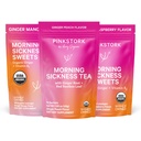 Pink Stork Kit de soulagement de la maladie du matin – Bundle 3 pièces avec thé de pêche au gingembre biologique, B6 Sweets, Ginger Lozenges – Soutien à la grossesse, premier Trimester Essentials, cadeau pour les femmes enceintes