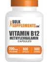 BulkSupplements.com Capsules de vitamine B12 méthylcobalamine - Supplément de vitamine B12, B12 200mcg, pour le soutien énergétique - Sans gluten, 1 Capsule par portion, 500 Capsules (paquet de 1)