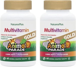 NaturesPlus Dierenparade Gouden Kinder Multivitamine - Assorted Cherry, Orange & Grape Smaken - 60 Kauwtabletten, Verpakking van 2 - Vegetarisch, Glutenvrij - 60 Totaal porties