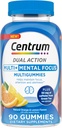 Centrum MultiGummies Multi+ Dual Action Mental Focus Volwassene Multivitamine met Cafeïne van groene thee, Ondersteunt Mentale Focus, Aandacht en Alertheid, Citroen/Orange Smaken - 90 Tel.