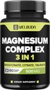 3in1 Magnesium Complex 20% Purified - 500mg of Magnesium Bisglycinate, Citrate & Oxide for Muscle, Relaxation Mood, Bone Health & More - 90 Capsules