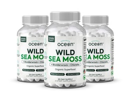 Organics Ocean Wild Sea Moss Capsules - 100% Organic Irish Sea Moss with Organic Chlorella, Bladderwrack and Vitamin D for Energy, Long Health and Thyroid Support for Women and Men - 3 Bottles