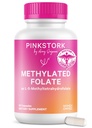 Folate de Pink Stork: Folate de méthyle - acide MTHFR, forme naturelle de l'acide folique pour la grossesse, formulé pour maman + bébé, femmes-robed, 60 Capsules (Emballage May Vary)