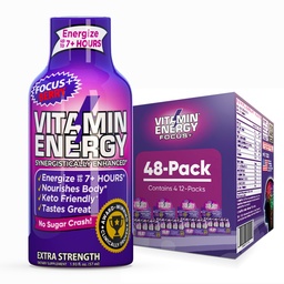 Vitamine Energie Focus+ Extra sterkte Energie Shot Berry 48 Pack, 260mg Natural Cafeine, B-Vitamins, CoQ10, Aminozuren, Focus, Productiviteit & Duidelijkheid, Zero Sugar, Gluten-Free, 1,93 fl oz