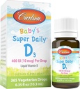 Carlson - Baby's Super Daily D3, Baby Vitamine D druppels, 400 IE (10 mcg) per druppel, 1-jaars voorraad, Vegetarische, vloeibare vitamine D voor zuigelingen en peuters, ongearomatiseerd, 365 druppels