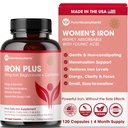 Supplément en fer pour les femmes - Bisglycinate de fer chélate doux 25mg avec vitamine C, B6, B12 acide folique – soutient le déficit en fer, la santé menstruelle et l'énergie - 120 Compte