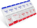 EZY DOSE Pushknop (7 dagen) Pill Case, Medicine Planner, Daily Vitamin Organizer, 2 keer per dag AM/PM, Grote Compartmenten, Artritis Vriendelijk, Gemakkelijk te gebruiken, Duidelijke deksels, Rood/Blauw, BPA Gratis