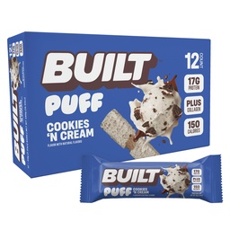 Built Bar, Puff Protein Bars, Cookies 'N Cream Puff, 17g Protein Snacks, On-The-Go Bars, Slechts 140 Calorieën, 7g Suiker, Collageen, Niet Glutenvrij, 12 Tellen