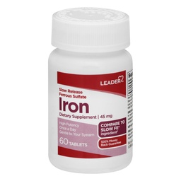 Leader Slow Release Iron 45MG Tablets 60 Ct. Voorzichtig op de maag Ondersteunt rode bloedcellen