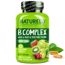 NATURELO Complexe de vitamine B avec le méthyl B12, le folate de méthyle, la vitamine B6, la biotine Plus Choline, le CoQ10 et le mélange de fruits et légumes - soutient l'énergie et la réponse au stress sain - Vegan - 120 capsules