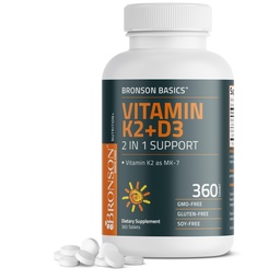 Bronson Vitamine K2 D3 (MK7) Supplement Non-GMO Formule Vitamine D3 5000IU (125 mcg) & 90 mcg K2 MK-7, gemakkelijk doorslikken D & K Complex, 360 tabletten