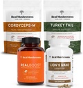 Real Paddestoelen RealBoost (60ct), Lions Mane (120ct), Cordyceps & Turkey Tail Mushroom Powder & Capsules Bundle - Mushroom Supplement for Energy, Vitality, Endurance & Cognition - Vegan, Non-GMO