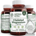 Natural Nutra chelated Magnesium Oxide 250 mg - Hoge absorptie voor sterke botten, hartgezondheid, energieboost, Glutenvrije, niet-GMO, 90 tabletten (3 verpakkingen) in BPA-vrije recyclebare glazen flessen