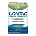 Contac Hoest & Congestie Maximale sterkte Controles Hoesten, Dunnen en Loosens Mucus, Guaifenesin & Dextromethorfan HBr, tabletten met verlengde afgifte, 21 Tel.