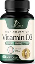 Supplément Vitamine D3 5000UI (125 mcg) - Vitamines extra-fortes D-3 Softgels diététiques pour os, dents, santé musculaire et immunitaire, absorption rapide Mini D Softgel, non-OGM, sans gluten - 60 Compte