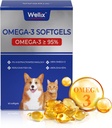 Wellix Pure Omega 3 Fish Oil for Dogs & Cats, Skin and Coat Supplement for Shedding, Promotes Heart, Skin, Coat, Joint, & Immune Health， Over 95% Omega 3, Rich in EPA + DHA, 60 Softgels