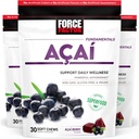 Facteur de force Acai Soft Chews pour le soutien immunitaire, la défense anti-stress oxydative, Superfood et complément antioxydants, non-OGM, sans gluten, et végétalien, açai Berry Flavor, 30 Chews doux, 3-Pack